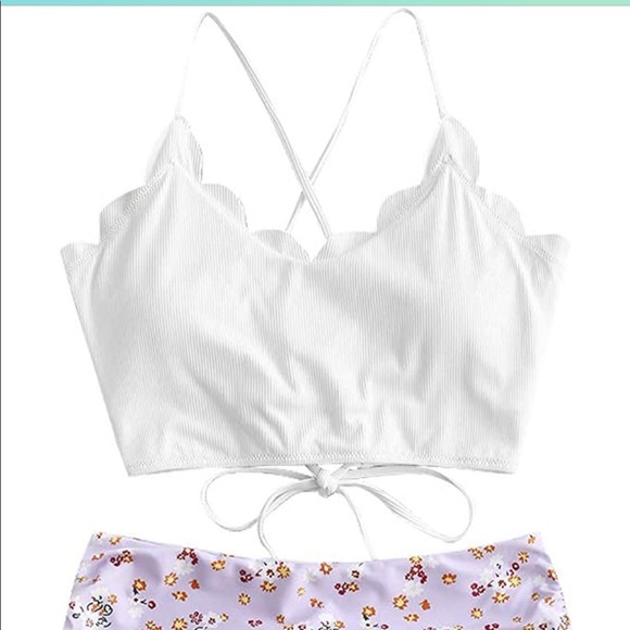 Other - White Scalloped Bikini Top with Floral Lilac High Waisted Bottoms